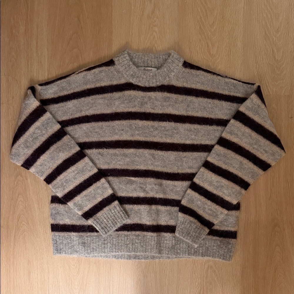 Madewell Gray Crewneck Sweater with Dark Brown Stripes